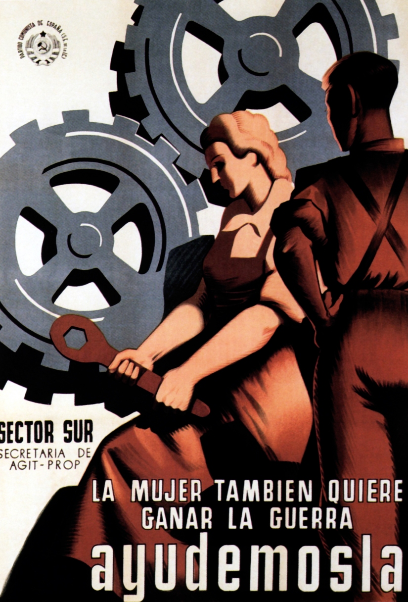 “Anche la donna vuole vincere la guerra, aiutiamola” – manifesto spagnolo (1937)
